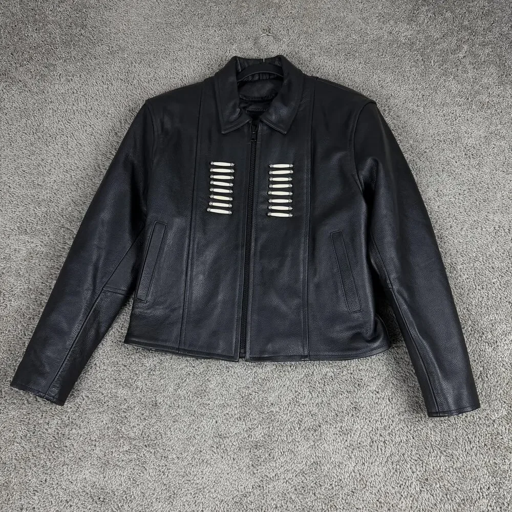 Jim Leather Jacket Womens Large Black Western Bone Bead Biker Motorcycle Zip - Picture 2 of 11